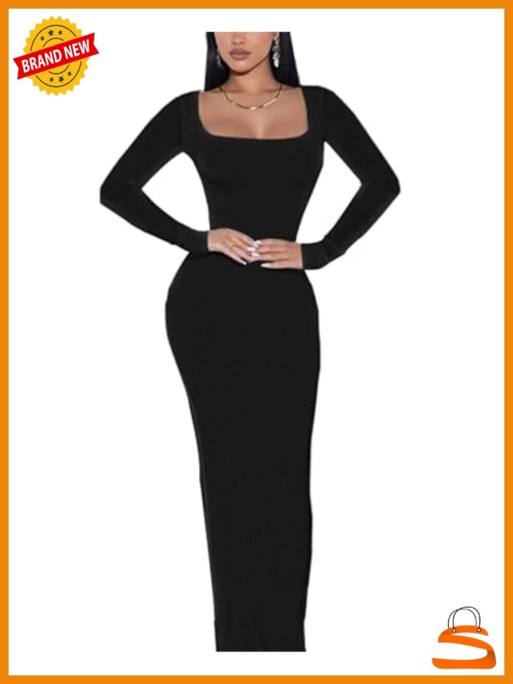 Women's Long Sleeve Bodycon Maxi Dress Square Neck Stretch Knit